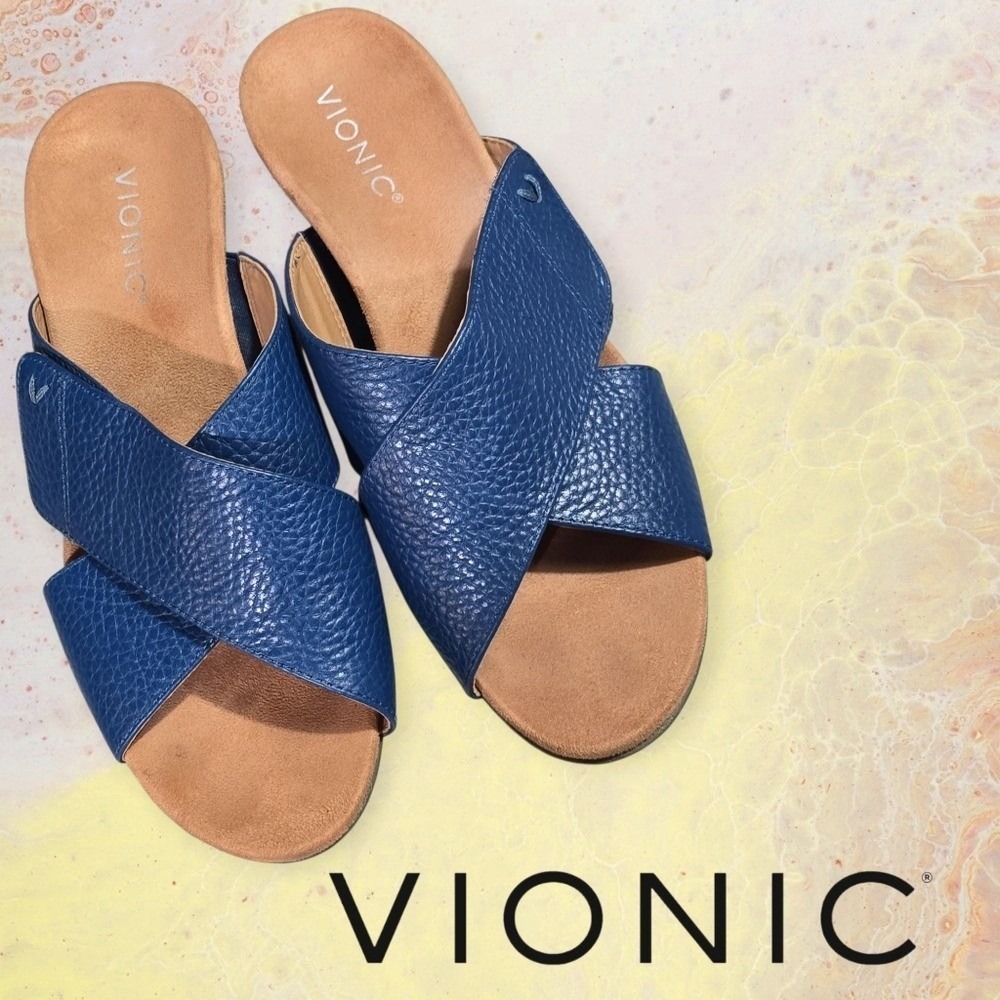 Vionic Womens Leticia Pebble Leather Wedge Slide Sandal Blue 8